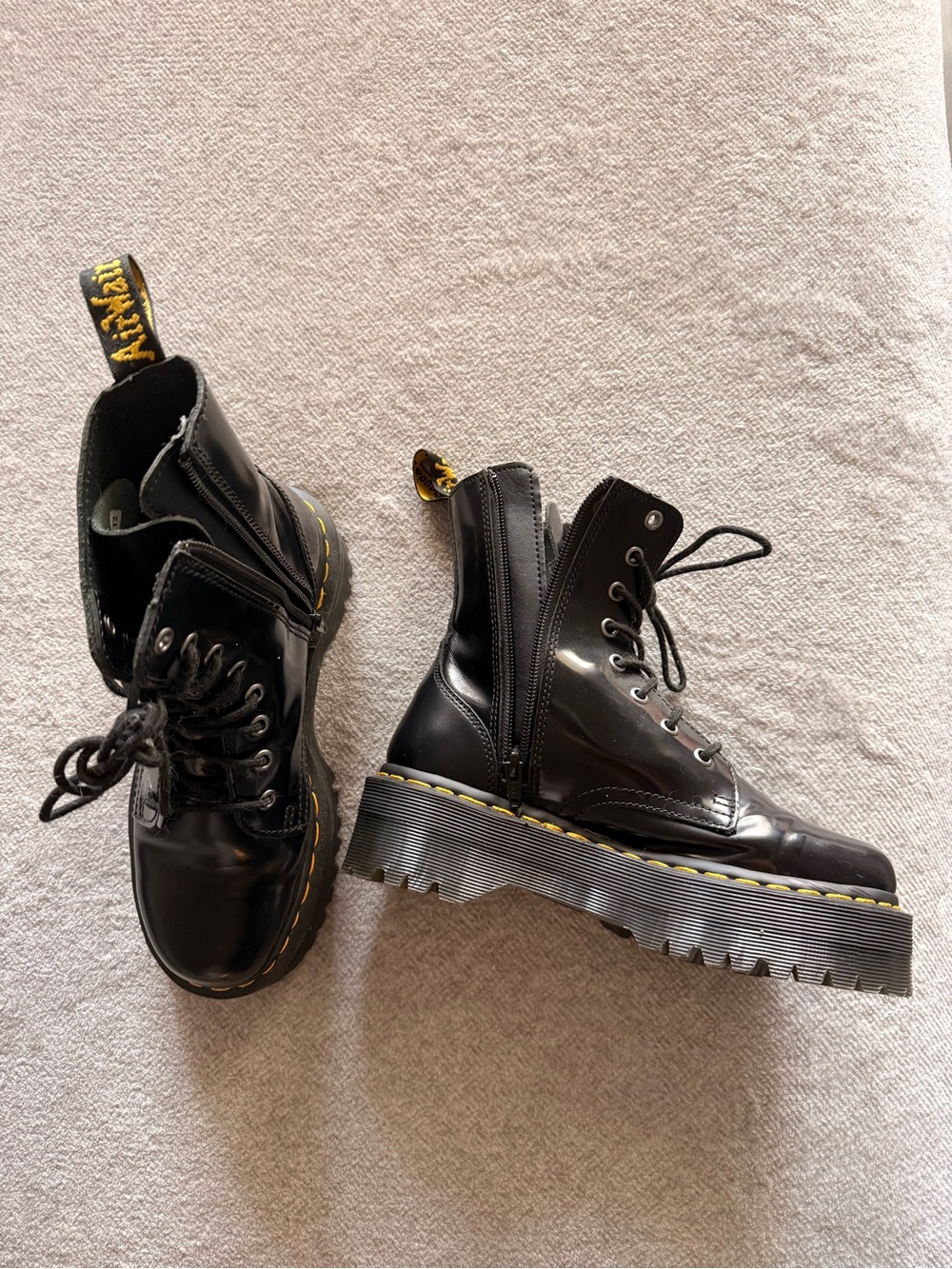 Dr. Martens Black Leather Platform Lace-Up Boots with Yellow Stitching WORN ONCE